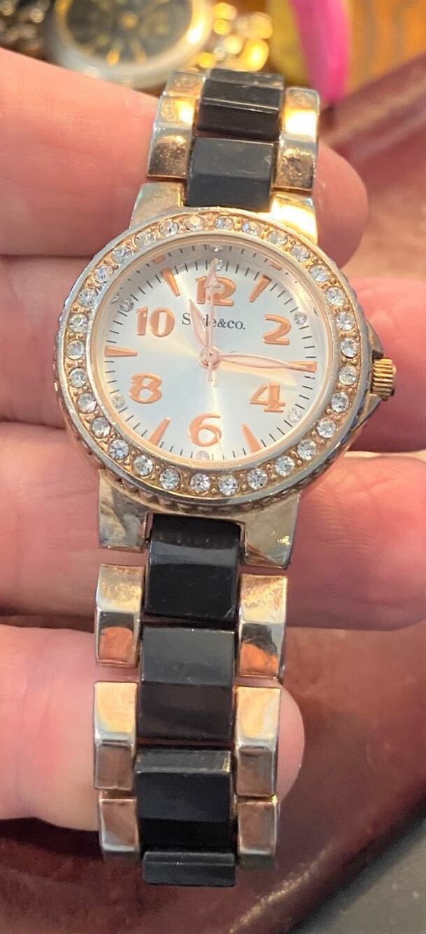 Women's Rose Gold Tone Style & Co 30mm Watch with Black Enamel & Crystal Accents